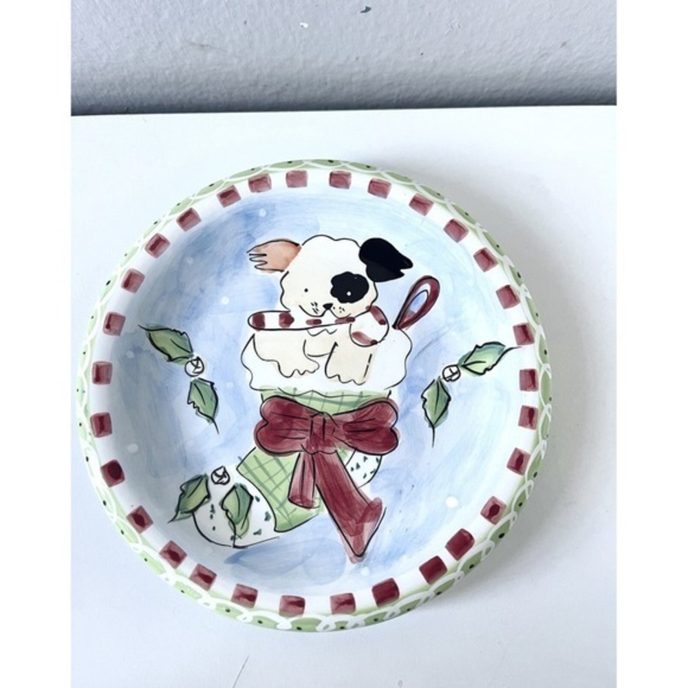 VINTAGE CHRISTMAS PUPPY HOLIDAY CERAMIC PLATE  HAND‎ PAINTED HAUSENWARE
